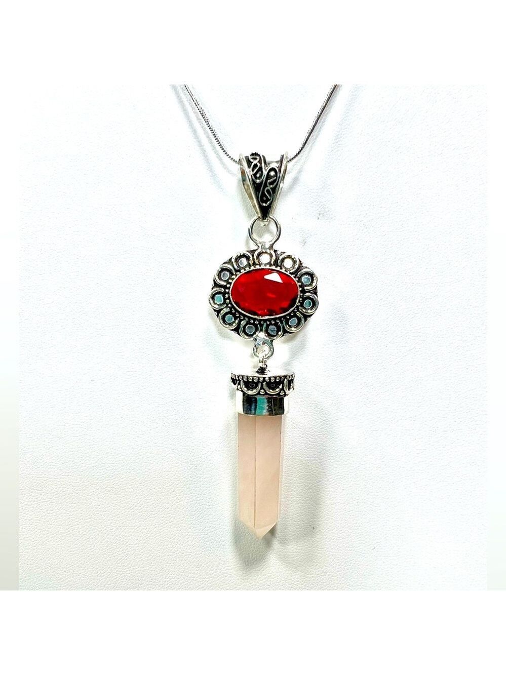 Rose Quartz Garnet 925 Pillar Gemstone Pendant